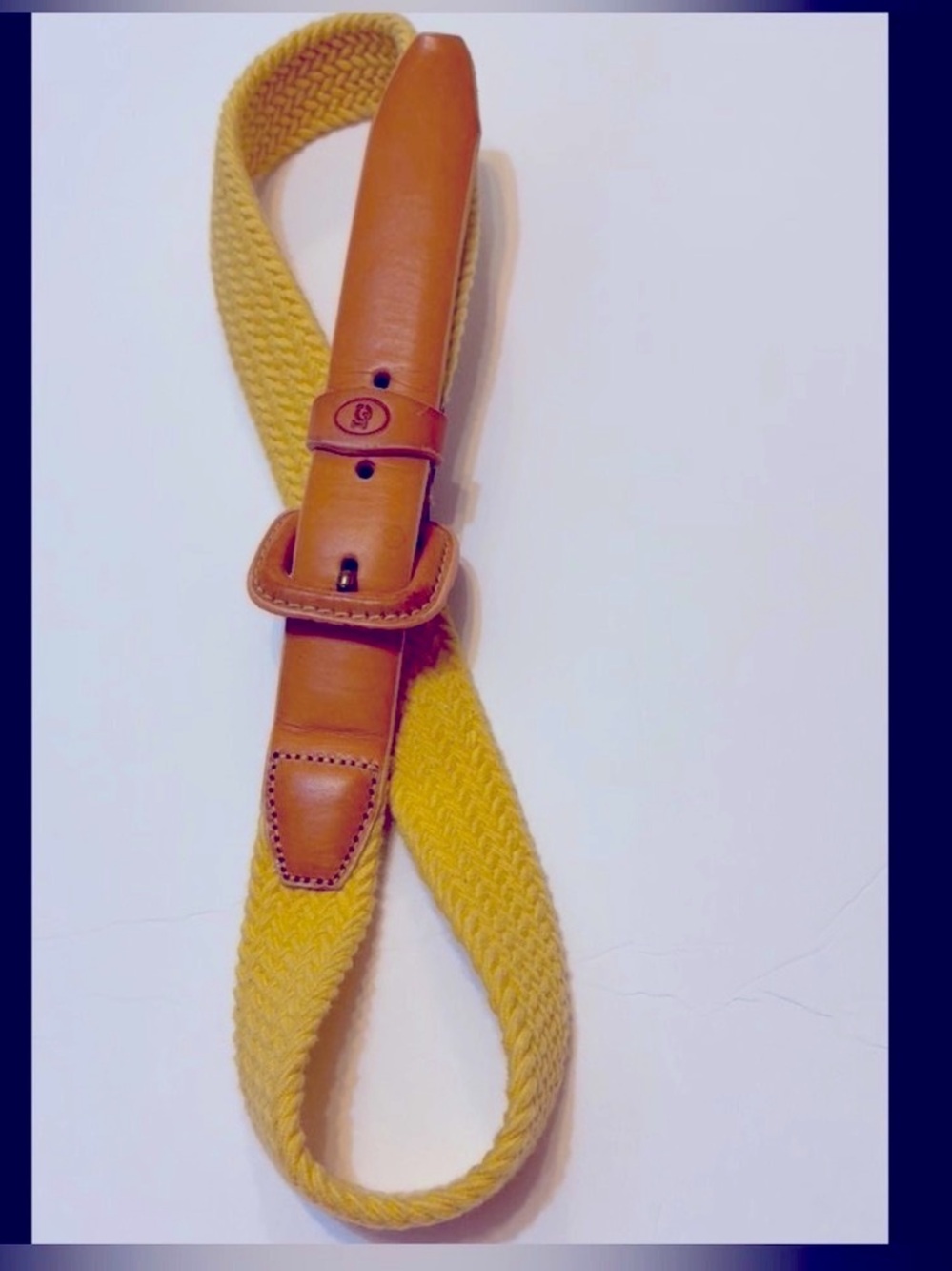 33” Yellow Woven Belt Liz Claiborne Vintage 90’s With Brown Leather Size M/L
